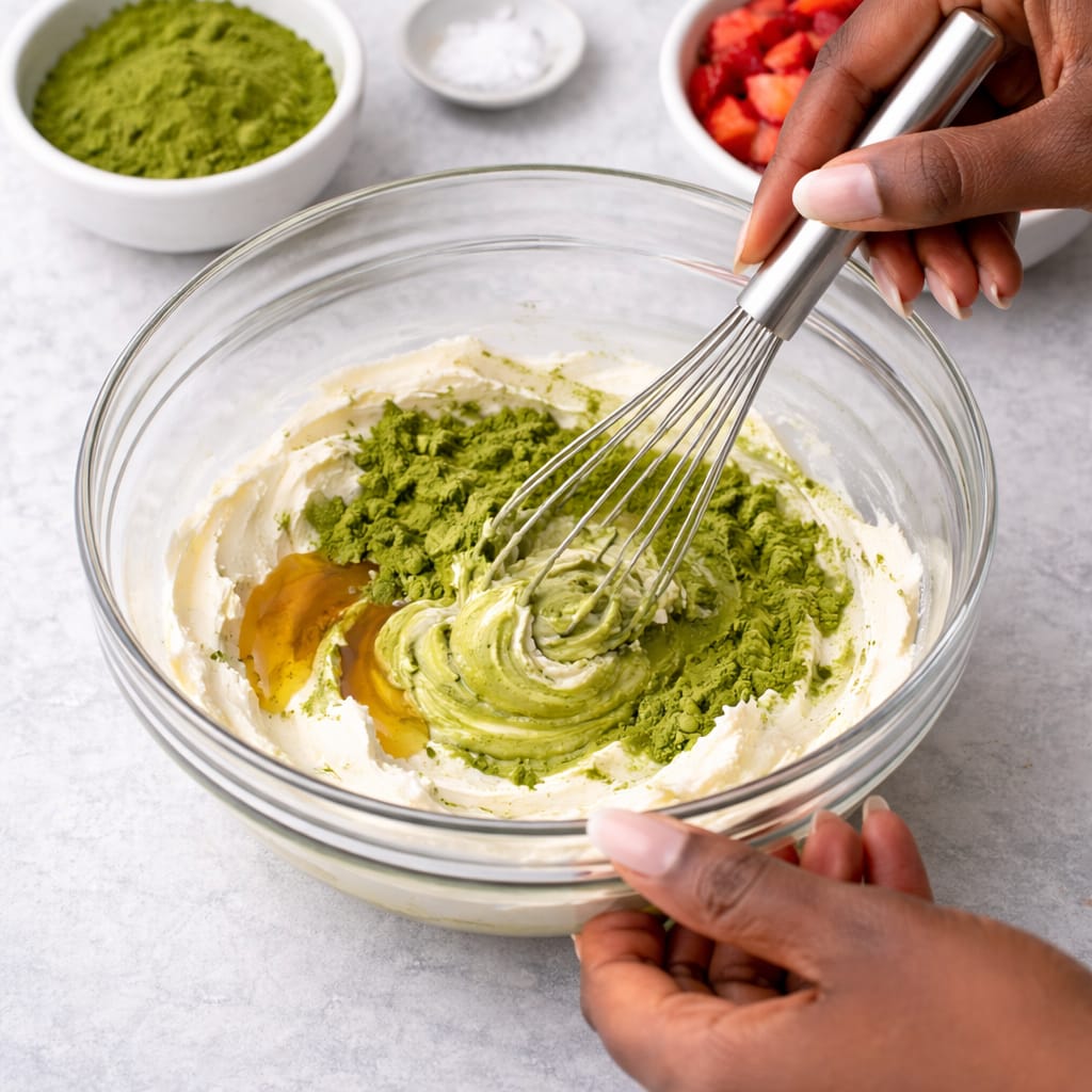 Whisking creamy matcha filling
